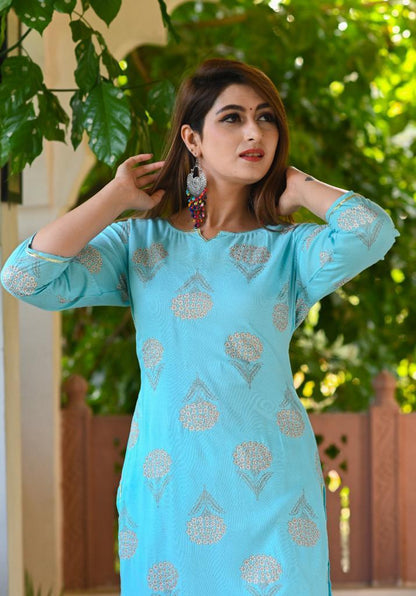 Latest Printed Rayon Kurti Palazzo Set