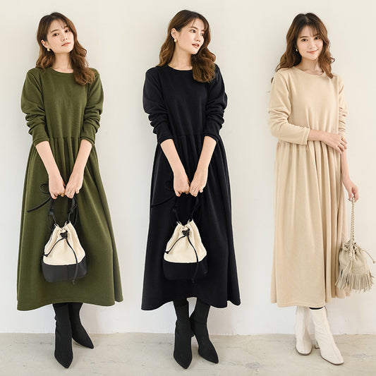 Japanese style loose pullover skirt A version waist waist big swing long long-sleeved dress autumn and winter mopping the floor and comfortable outerwear