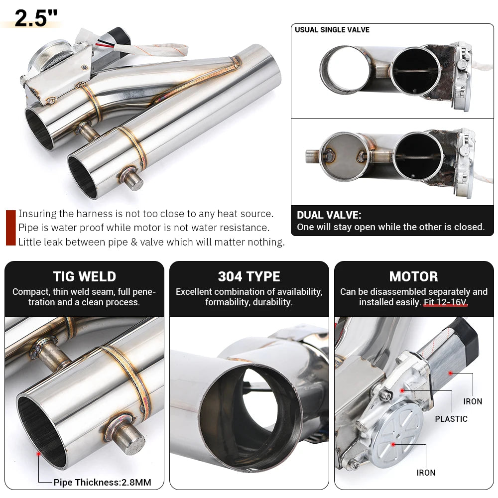 Universal 2" 2.25'' 2.5'' 3" Double Valve Electric Exhaust Cut Out Valve Exhaust Pipe Muffler Kit with Wireless Remote Control