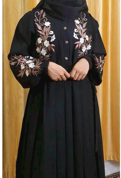 Black Abaya with Embroidery design Fabric Firdaus Dupatta = Hijab