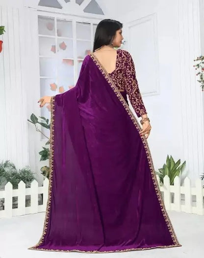 Embroidered Bollywood Velvet Saree With Blouse