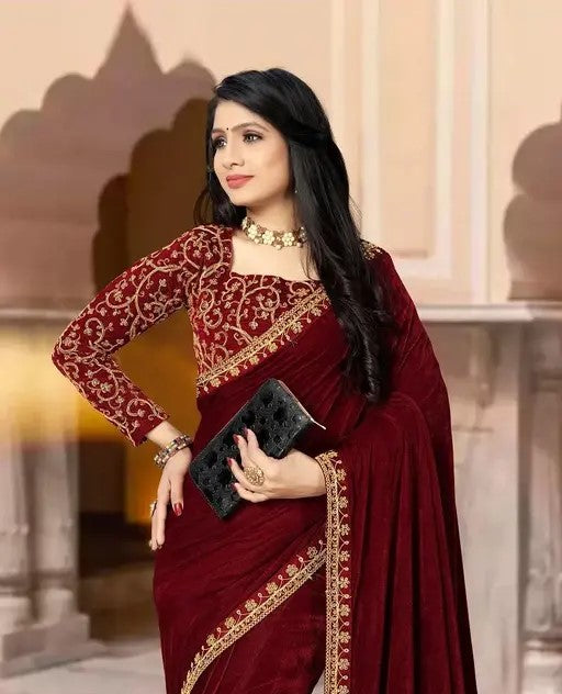 Attractive Embroidered Bollywood Velvet Saree With Blouse