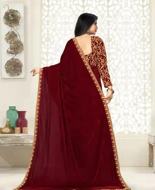 Attractive Embroidered Bollywood Velvet Saree With Blouse