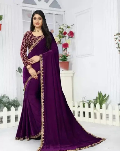 Embroidered Bollywood Velvet Saree With Blouse